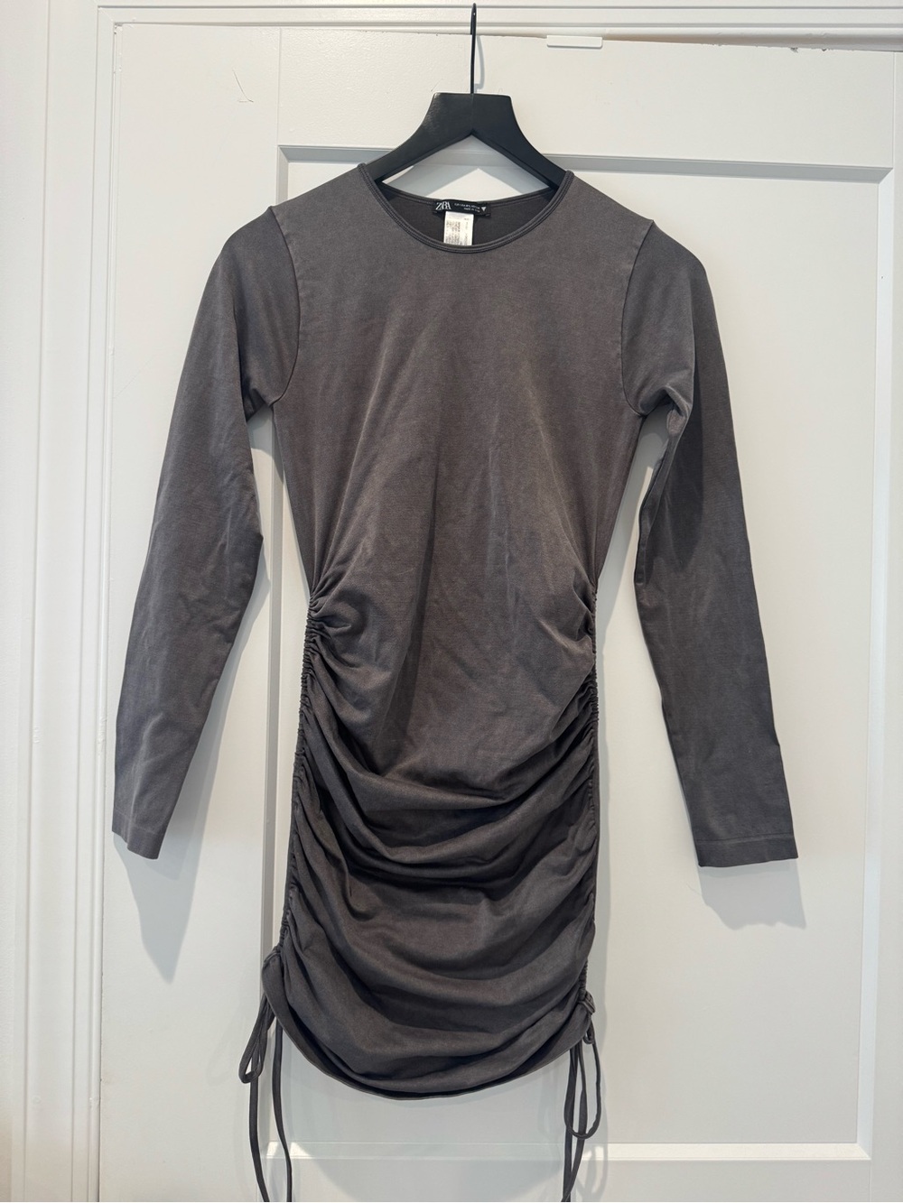 Zara Charcoal Long-Sleeve Ruched Tie-Side Dress